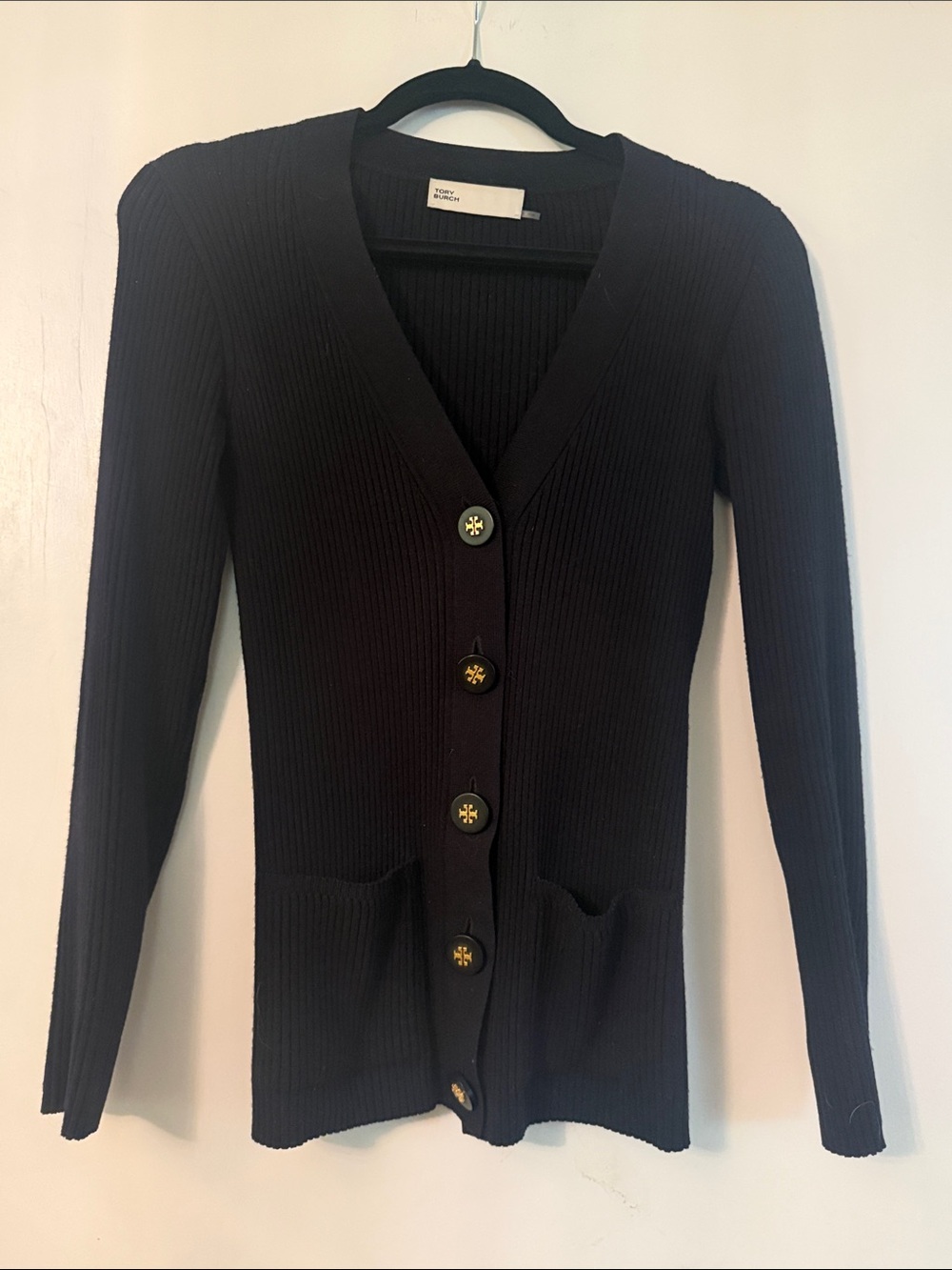 Tory Burch Navy Ribbed V-Neck Button Cardigan Sweater